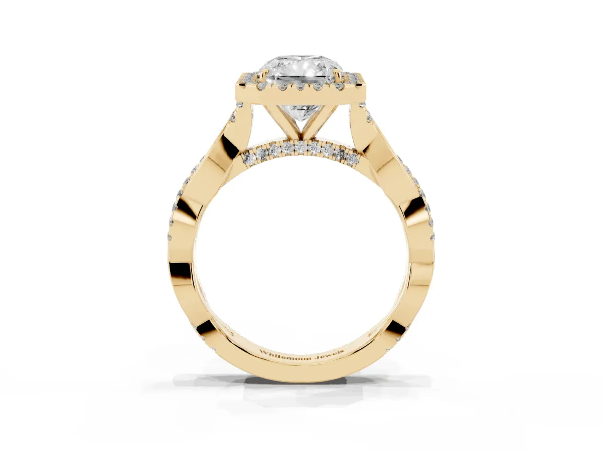 Radiant Cut Halo Twist Band Solitaire Ring Yellow gold
