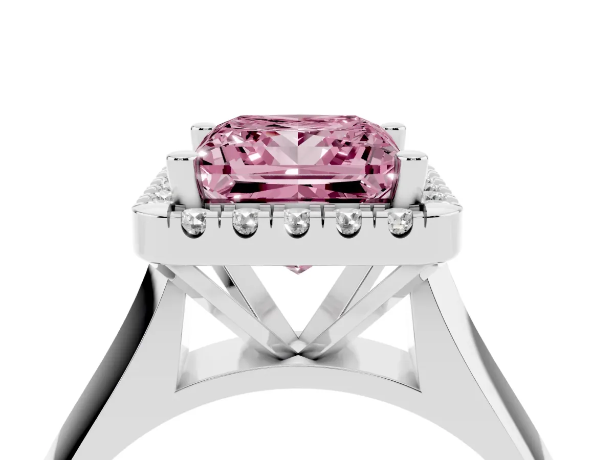 Fancy Pink Princess Cut Cut Halo Solitaire Engagement Ring with Square Band and Four-Prong Setting White gold