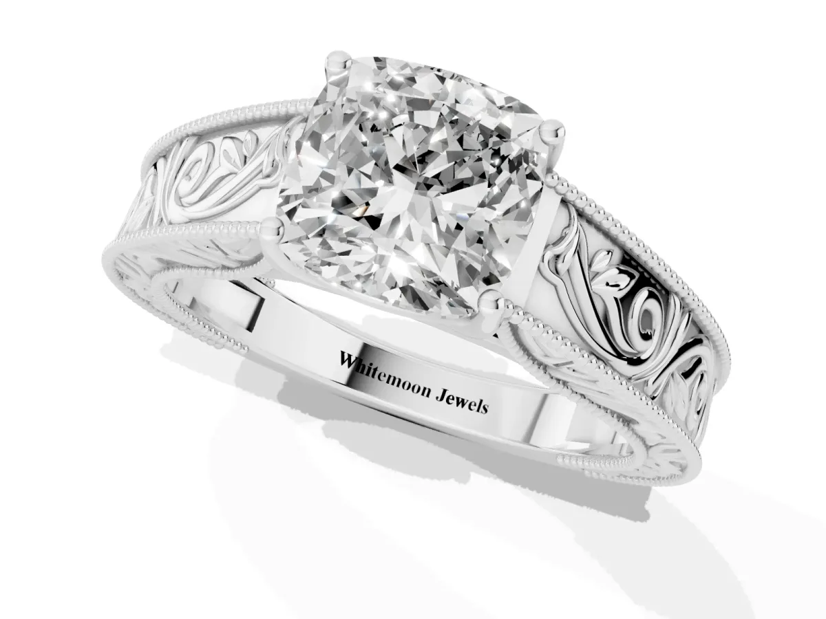 Cushion Cut Diamond Solitaire Ring with Engraved Band and Four-Prong Setting Silver