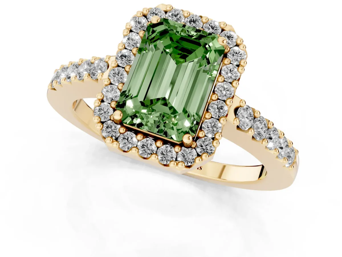 Fancy Green Emerald Cut Halo Diamond Pavé Solitaire Ring Yellow gold