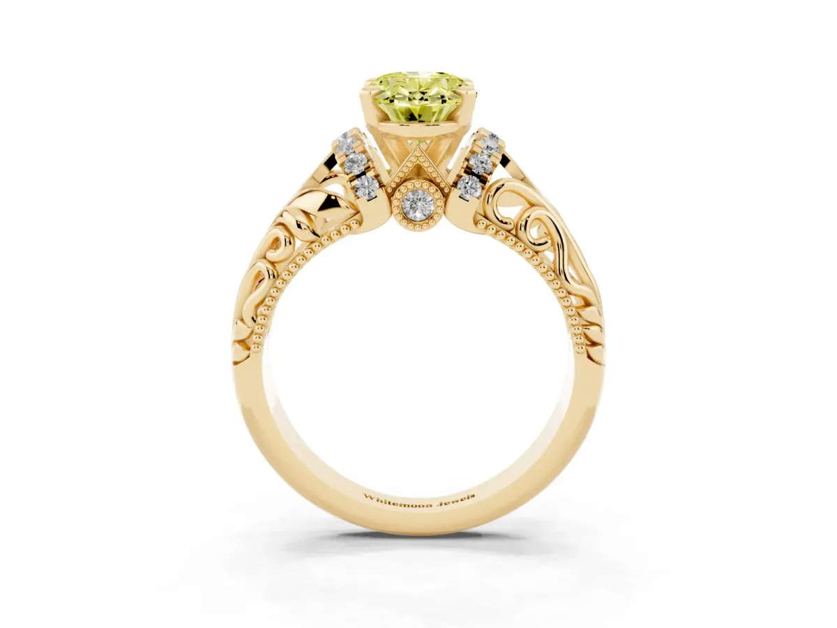 Fancy Yellow Oval Cut Solitaire Filigree Engagement Ring with Halo and Prong Setting Yellow gold