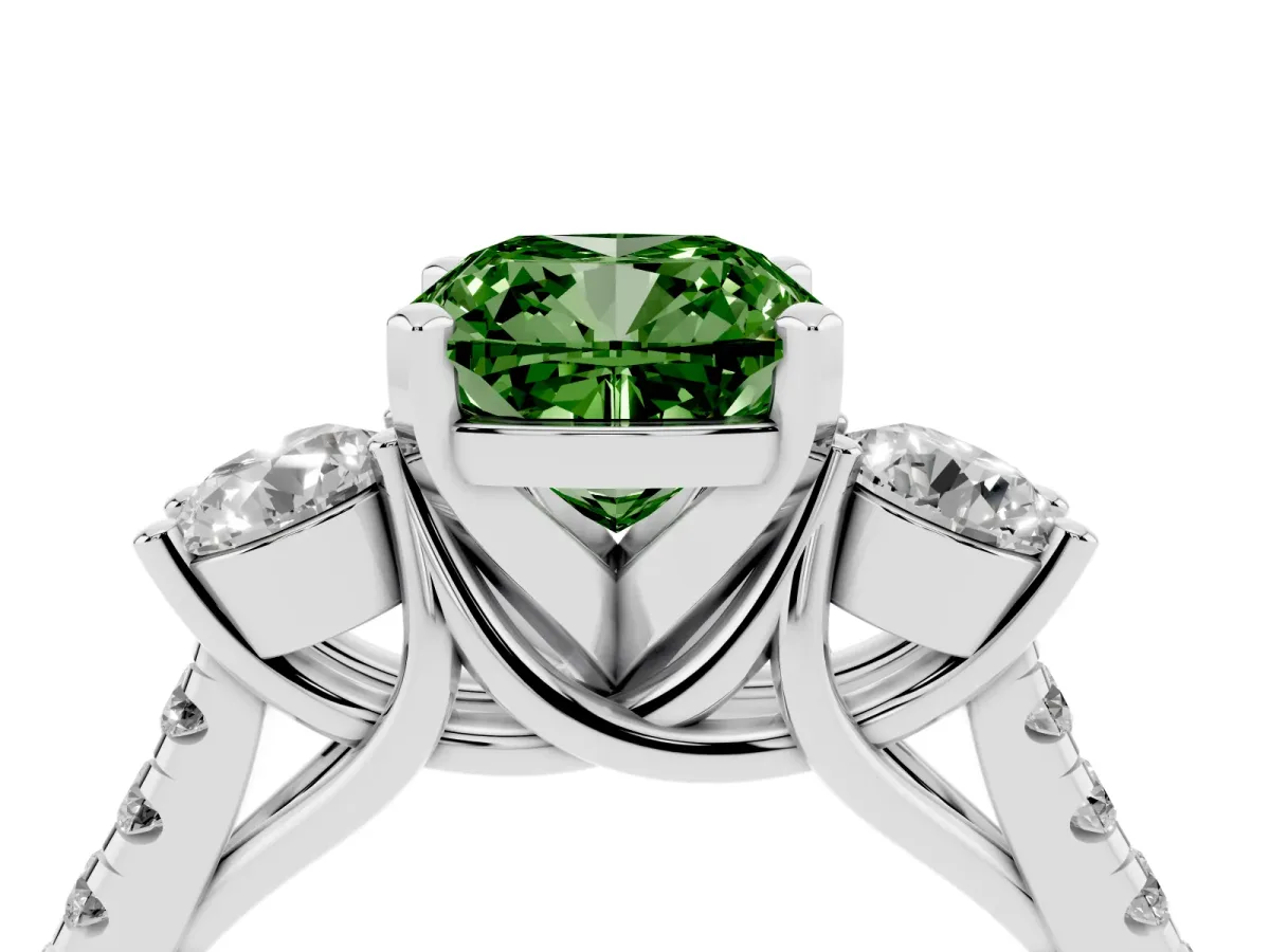 Fancy Green Three-Stone Cushion Cut Diamond Pavé Band with Four-Prong Setting Silver