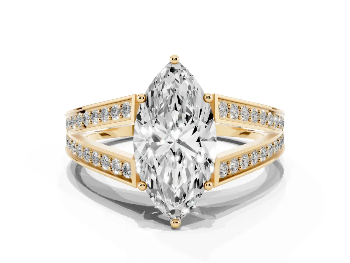 Marquise Cut Diamond Split Shank Ring with Pavé Band and Four-Prong Setting Yellow gold