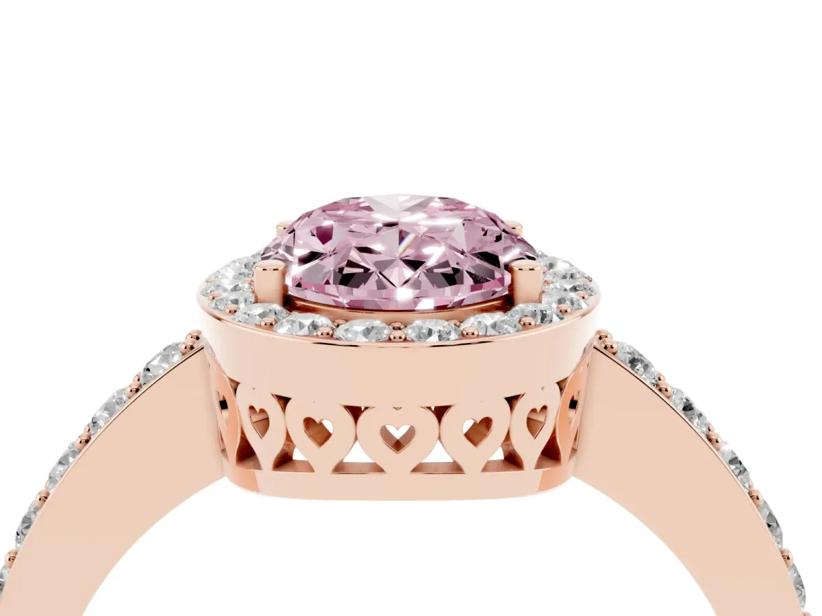 Fancy Pink Oval Cut Halo Diamond Pavé Band Ring with Prong Setting Rose gold
