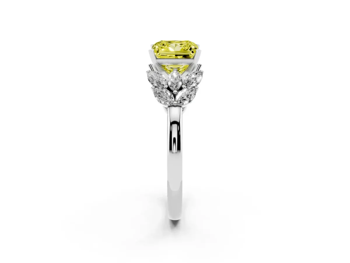 Fancy Yellow Princess Cut Diamond Cluster Leaf Design Ring with Prong Setting Silver