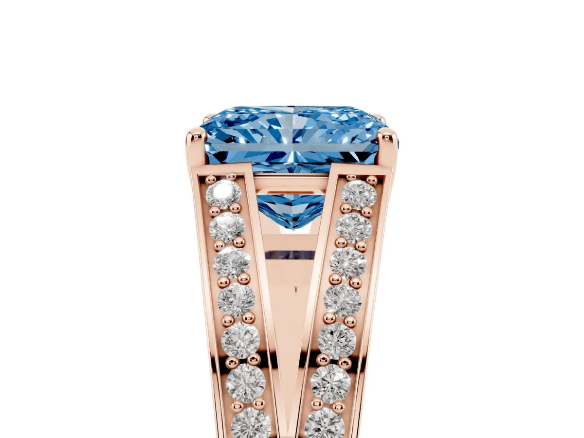 Fancy Blue Radiant Cut Diamond Split Shank Ring with Pavé Band and Four-Prong Setting Rose gold