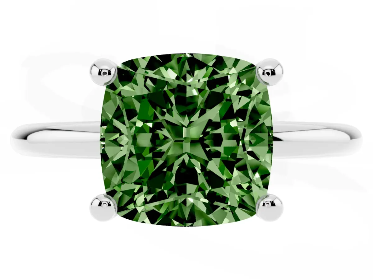 Fancy Green Cushion Cut Solitaire Diamond Ring with 4-Prong Setting on a Classic Band Silver