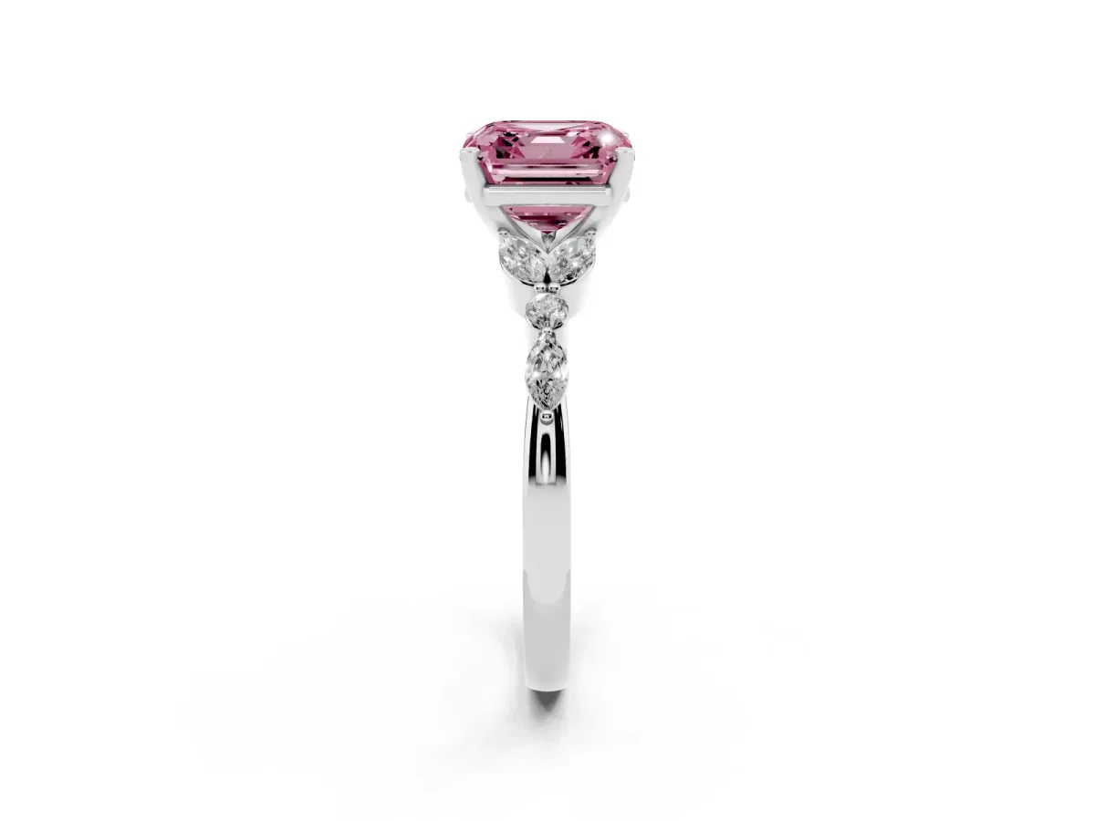 Fancy Pink Asscher Cut Diamond Solitaire Ring with Side Stones and Four-Prong Setting Silver