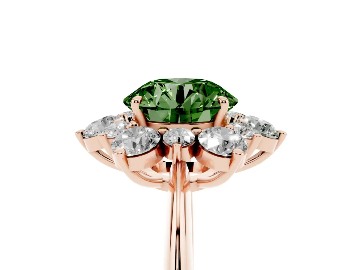 Fancy Green Round Cut Diamond Cluster Halo Ring with Solitaire Band and Four-Prong Setting Rose gold