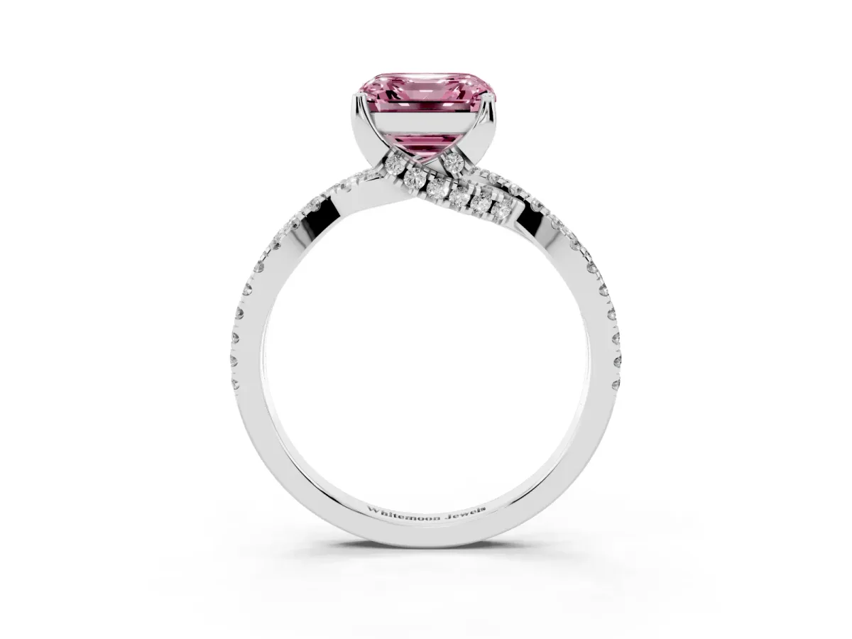 Fancy Pink Asscher Cut Solitaire Twist Pave Diamond Engagement Ring with Prong Setting Silver