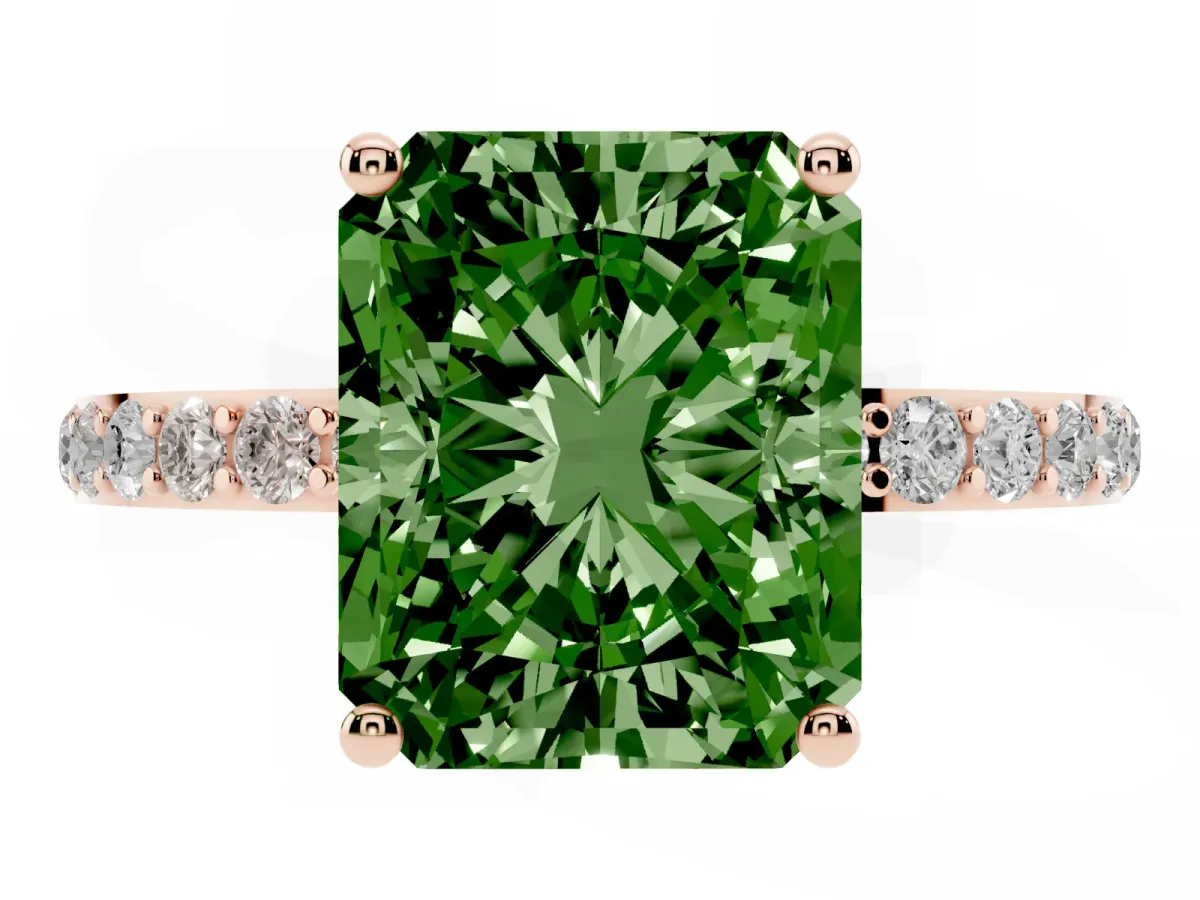 Fancy Green Radiant Cut Diamond Solitaire Ring with Round Pavé Shoulders and Prong Setting Rose gold