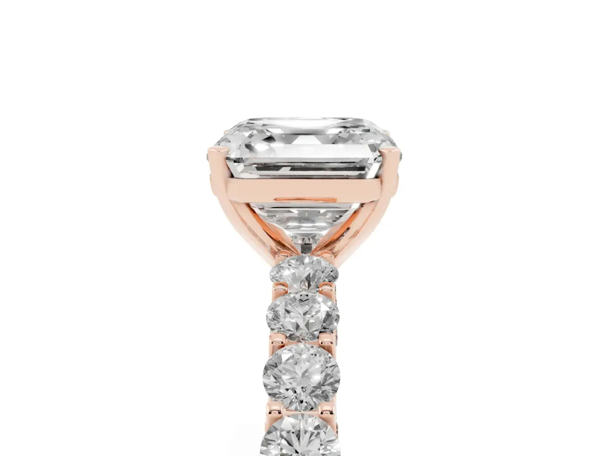 Asscher Cut Diamond Solitaire Ring with Shared Prong Pavé Band and Four-Prong Setting Rose gold