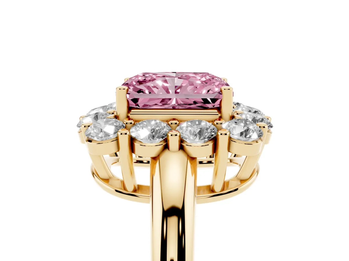 Fancy Pink Radiant Cut Halo Cluster Diamond Engagement Ring with Prong Setting and Polished Band Yellow gold