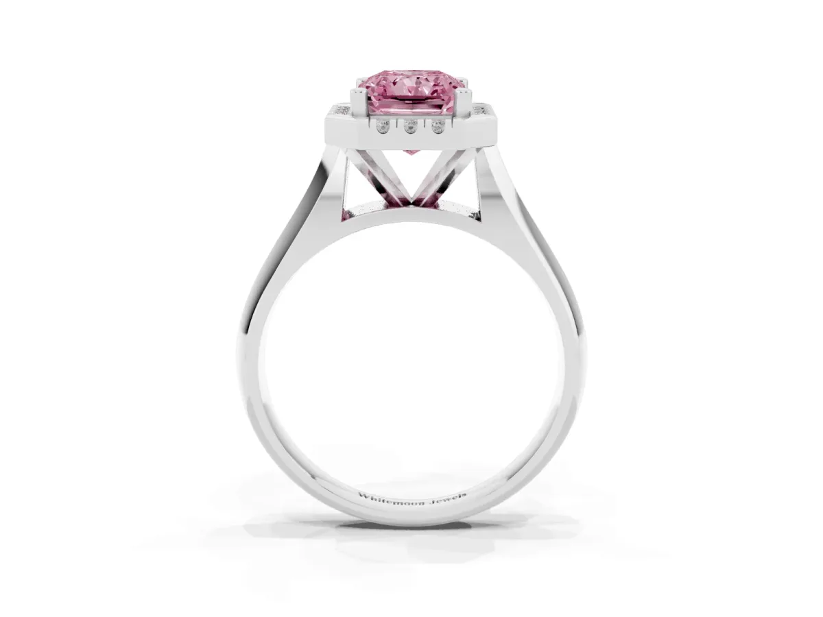 Fancy Pink Radiant Cut Cut Halo Solitaire Engagement Ring with Square Band and Four-Prong Setting White gold