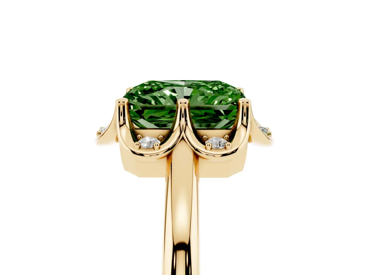 Fancy Green Radiant Cut Halo Diamond Ring with Round Cluster Setting, Solitaire Band, and Four-Prong Setting Yellow gold
