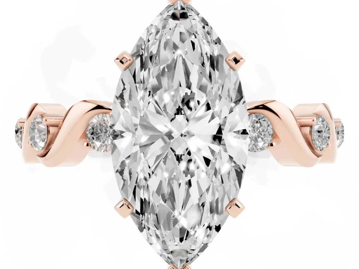 Marquise Cut Diamond Solitaire Twisted Band with Round Accents and Prong Setting Rose gold