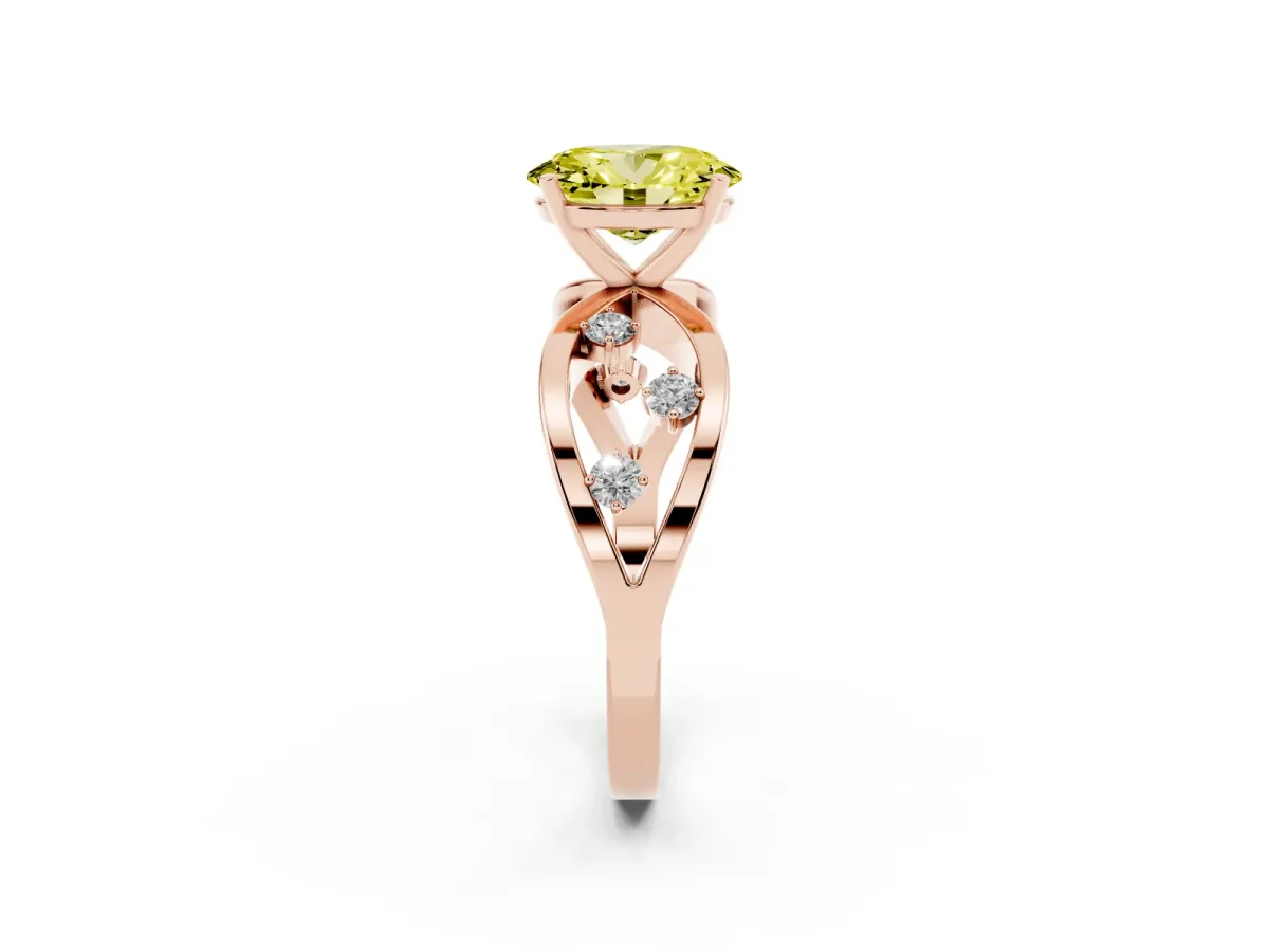 Fancy Yellow Oval Cut Cut Solitaire Diamond with Side Stones on Criss-Cross Band and Four-Prong Setting Rose gold