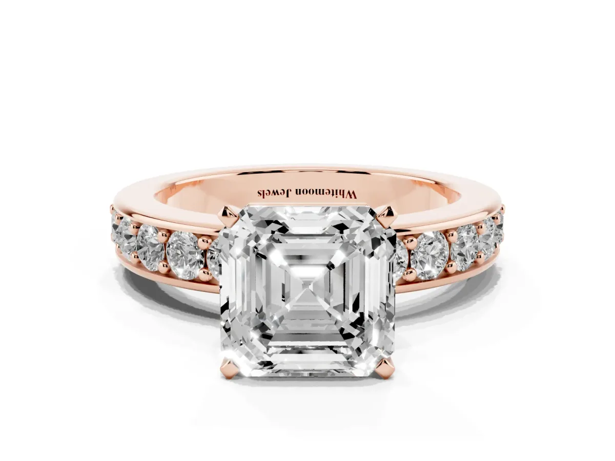 Asscher Cut Diamond Engagement Ring with Channel Set Round Band and Prong Setting Rose gold