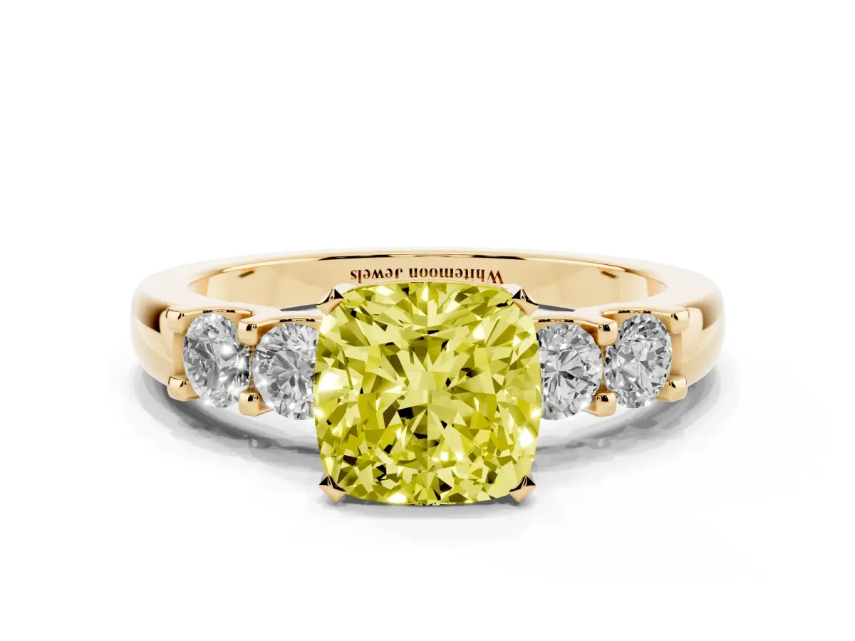 Fancy Yellow Cushion Cut Brilliant Cut Diamond Five-Stone Prong Set Engagement Ring with Channel Band Yellow gold