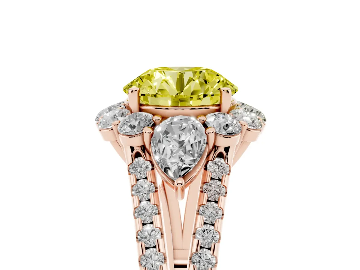 Fancy Yellow Round Cut Halo Split Shank Diamond Engagement Ring with Prong Setting Rose gold
