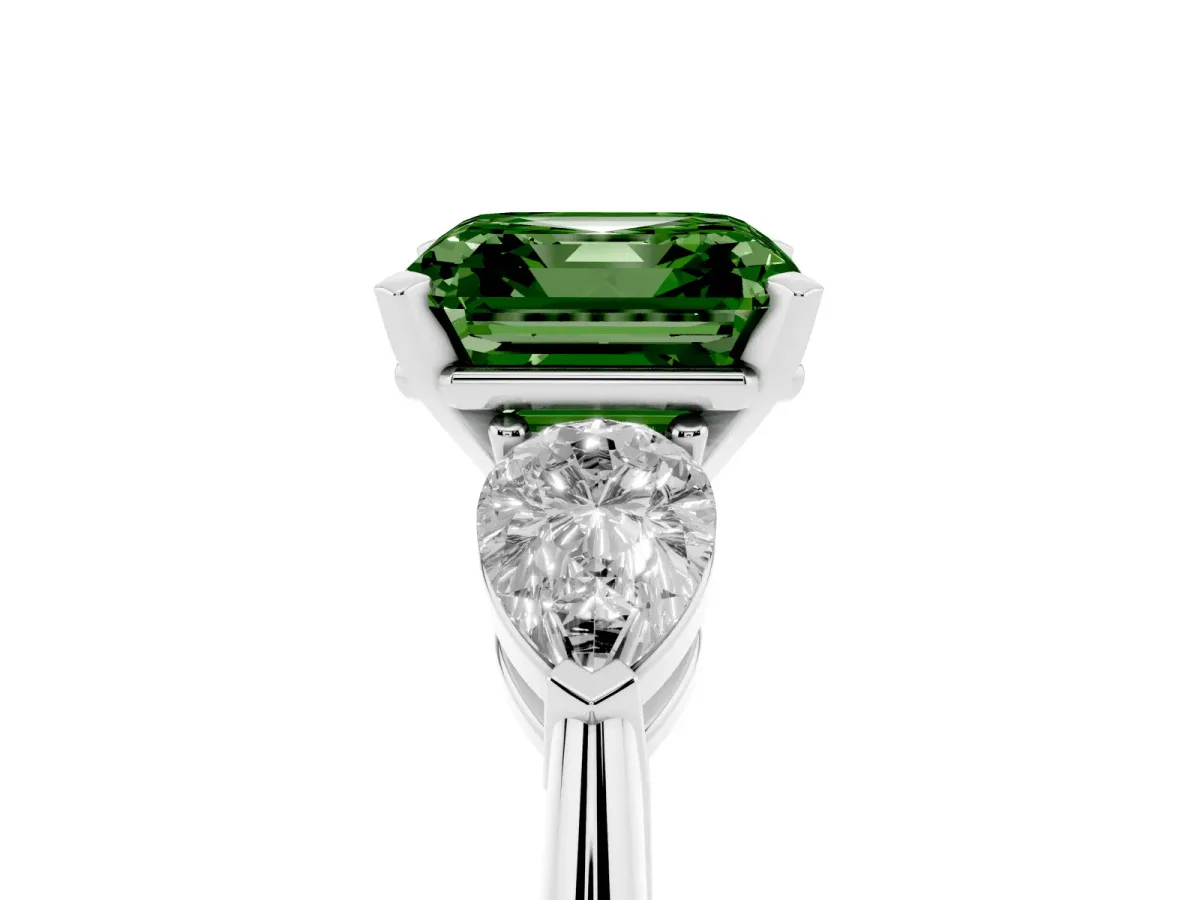 Fancy Green Three-Stone Asscher Cut Diamond Ring with Pear Side Stones and Four-Prong Setting Silver