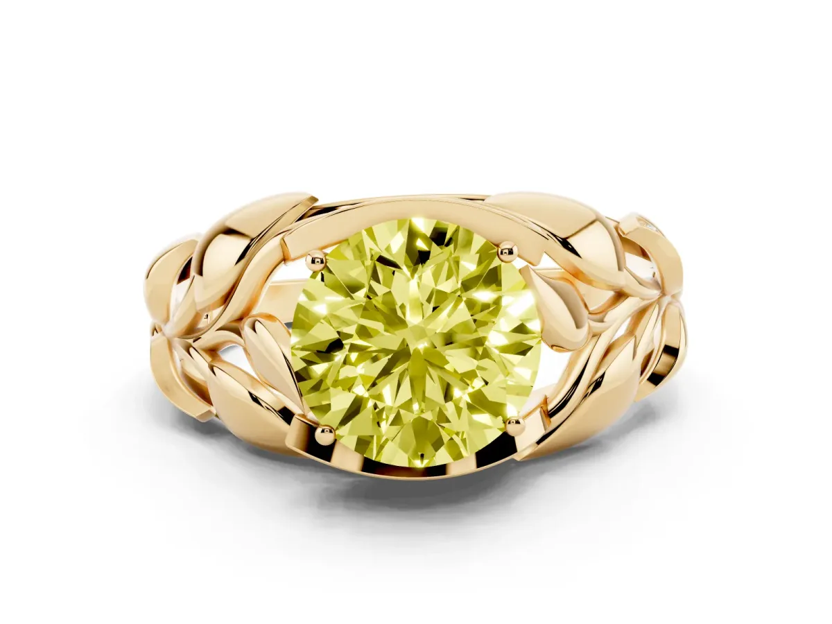 Fancy Yellow Round Cut Diamond Leaf-Inspired Engagement Ring with Round Accents and Prong Setting Yellow gold
