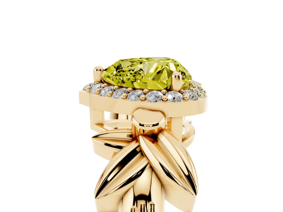 Fancy Yellow Heart Cut Halo Diamond Floral Band with Four-Prong Setting Yellow gold