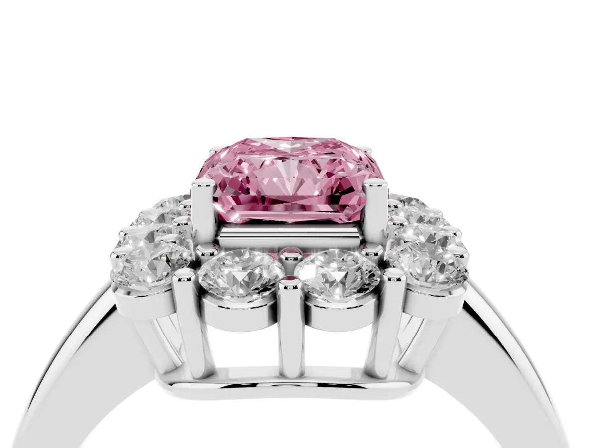 Fancy Pink Radiant Cut Halo Cluster Diamond Engagement Ring with Prong Setting and Polished Band Platinum