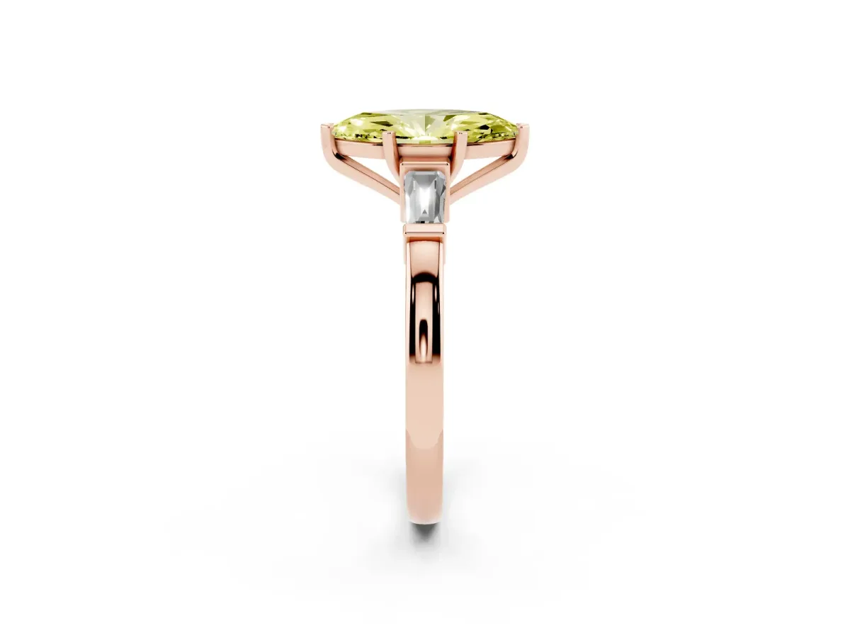 Fancy Yellow Marquise Cut Cut Diamond Solitaire Ring with Tapered Baguette Accents and Four-Prong Setting Rose gold