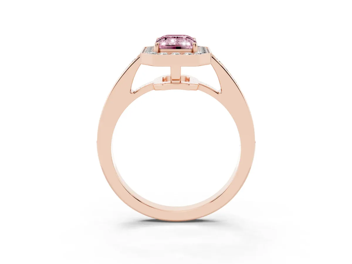Fancy Pink Emerald Cut Halo Pavé Diamond Engagement Ring with Bezel Setting Rose gold