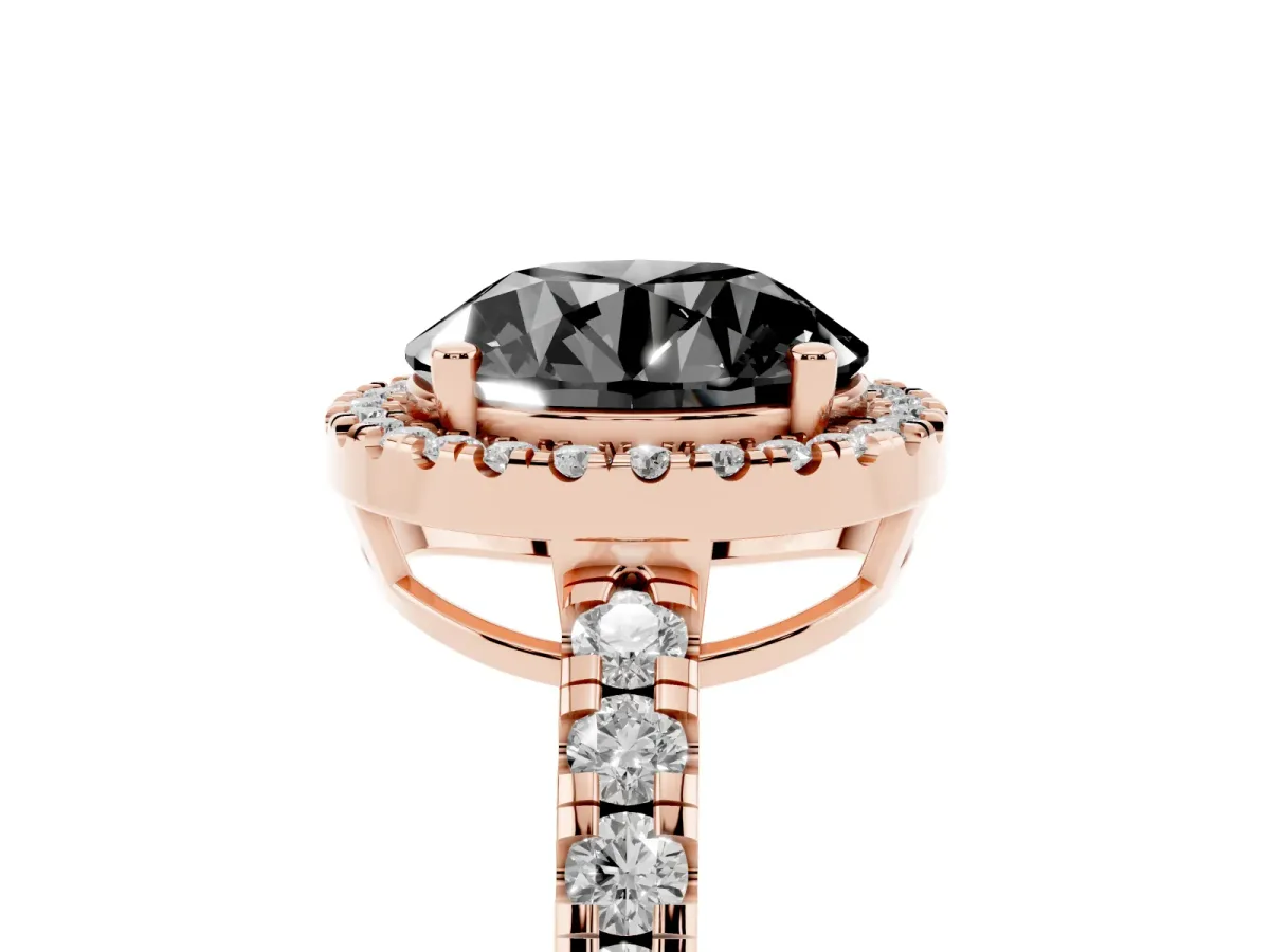 Fancy Black Round Cut Diamond Halo Ring with Pavé Band and Four-Prong Setting Rose gold