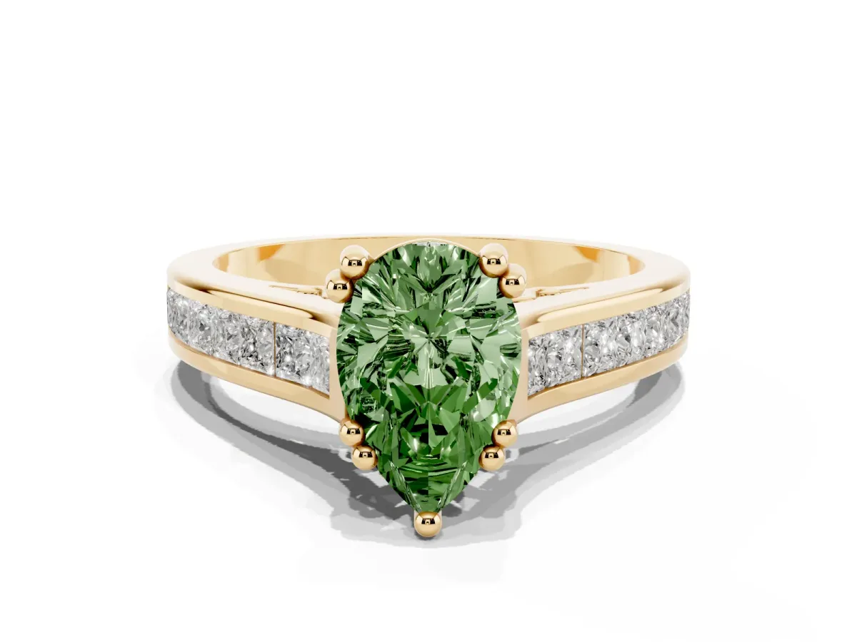 Fancy Green Pear Cut Cut Channel Set Solitaire Engagement Ring with Prong Setting Yellow gold