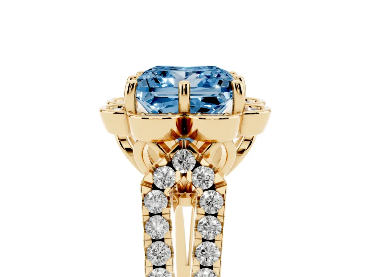 Fancy Blue Princess Cut Halo Diamond Floral Split Shank Engagement Ring Yellow gold