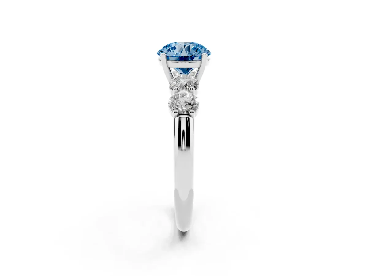 Fancy Blue Round Cut Cut Five-Stone Prong Set Diamond Ring with Classic Band Silver