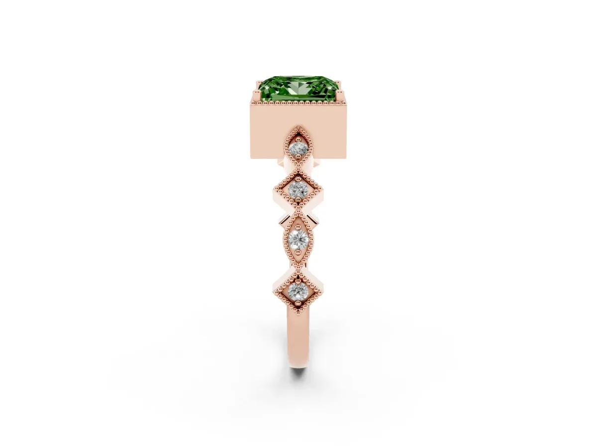 Fancy Green Princess Cut Milgrain Marquise Diamond Twist Band Ring Rose gold