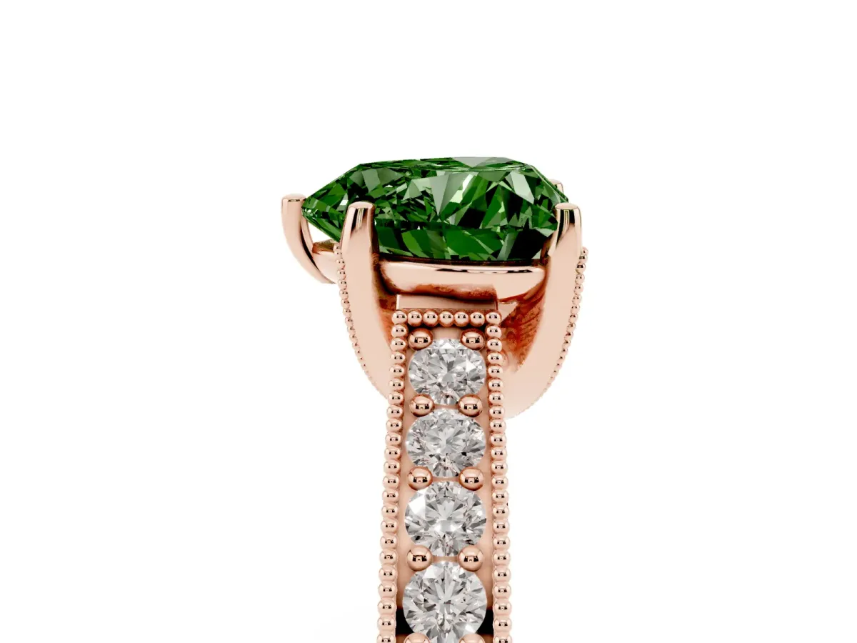 Fancy Green Heart Cut Cut Diamond Solitaire Ring with Milgrain Pave Band and Four Prong Setting Rose gold
