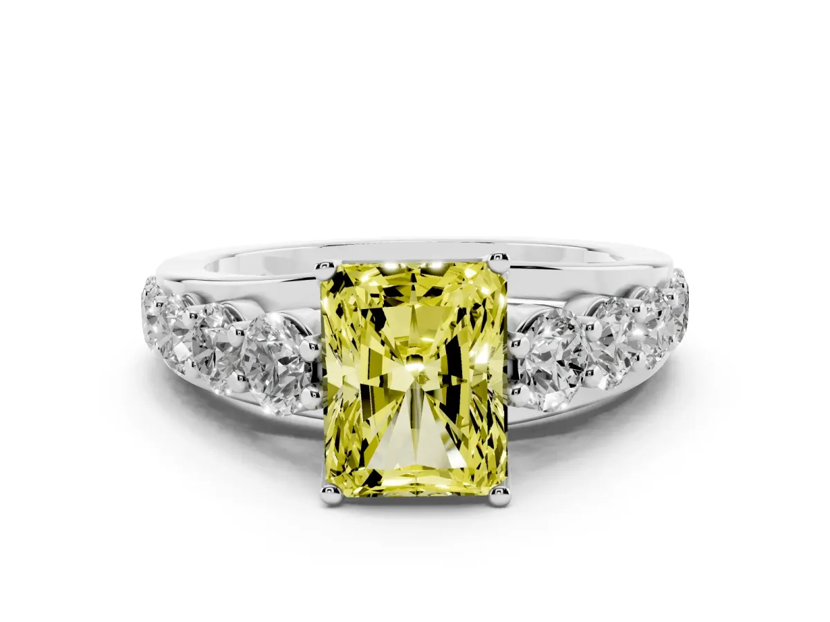 Fancy Yellow Radiant Cut Diamond Engagement Ring with Pavé Band and Four-Prong Setting Silver