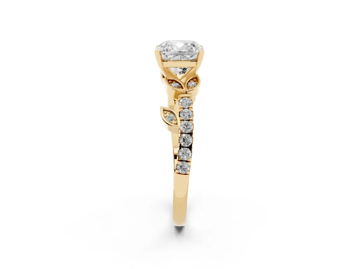 Cushion Cut Solitaire Leaf-Inspired Diamond Ring with Pavé Band and Four-Prong Setting Yellow gold