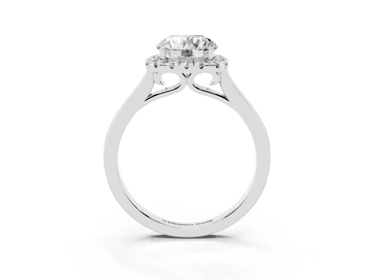 Round Cut Halo Round Diamond Solitaire Ring with Pavé Band and Four-Prong Setting Silver
