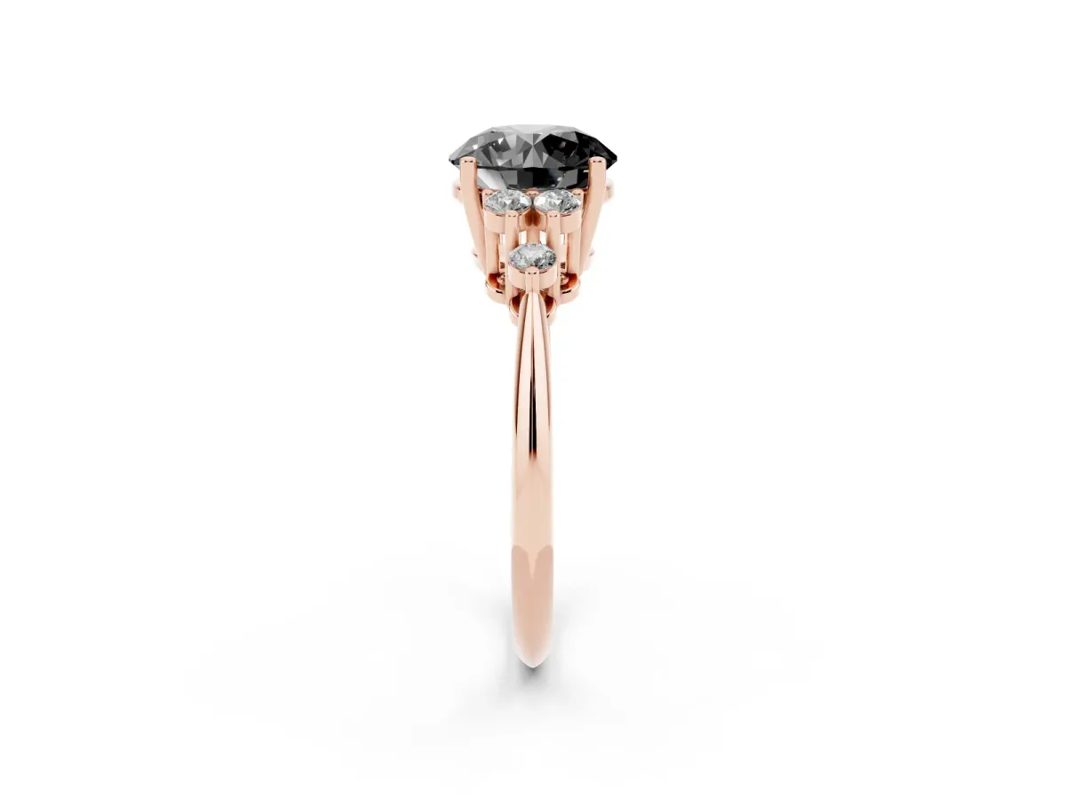 Fancy Black Round Cut Cut Diamond Cluster Ring with Solitaire Band and Four-Prong Setting Rose gold