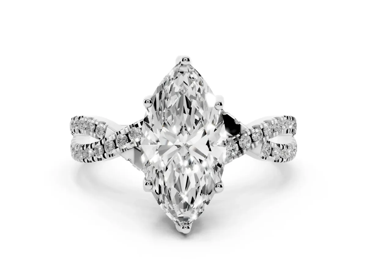 Marquise Cut Solitaire Twist Pave Diamond Engagement Ring with Prong Setting Silver