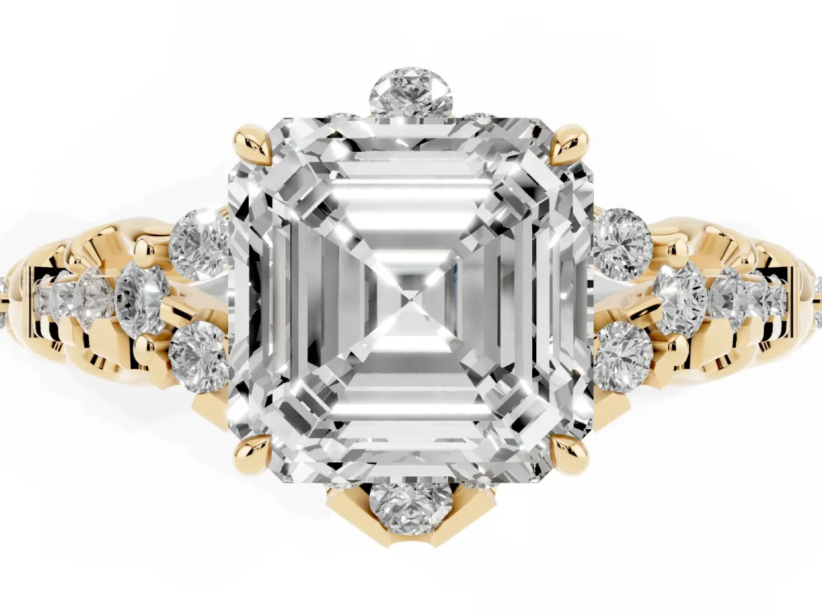 Asscher Cut Diamond Solitaire Ring with Hidden Halo and Pavé Band Yellow gold