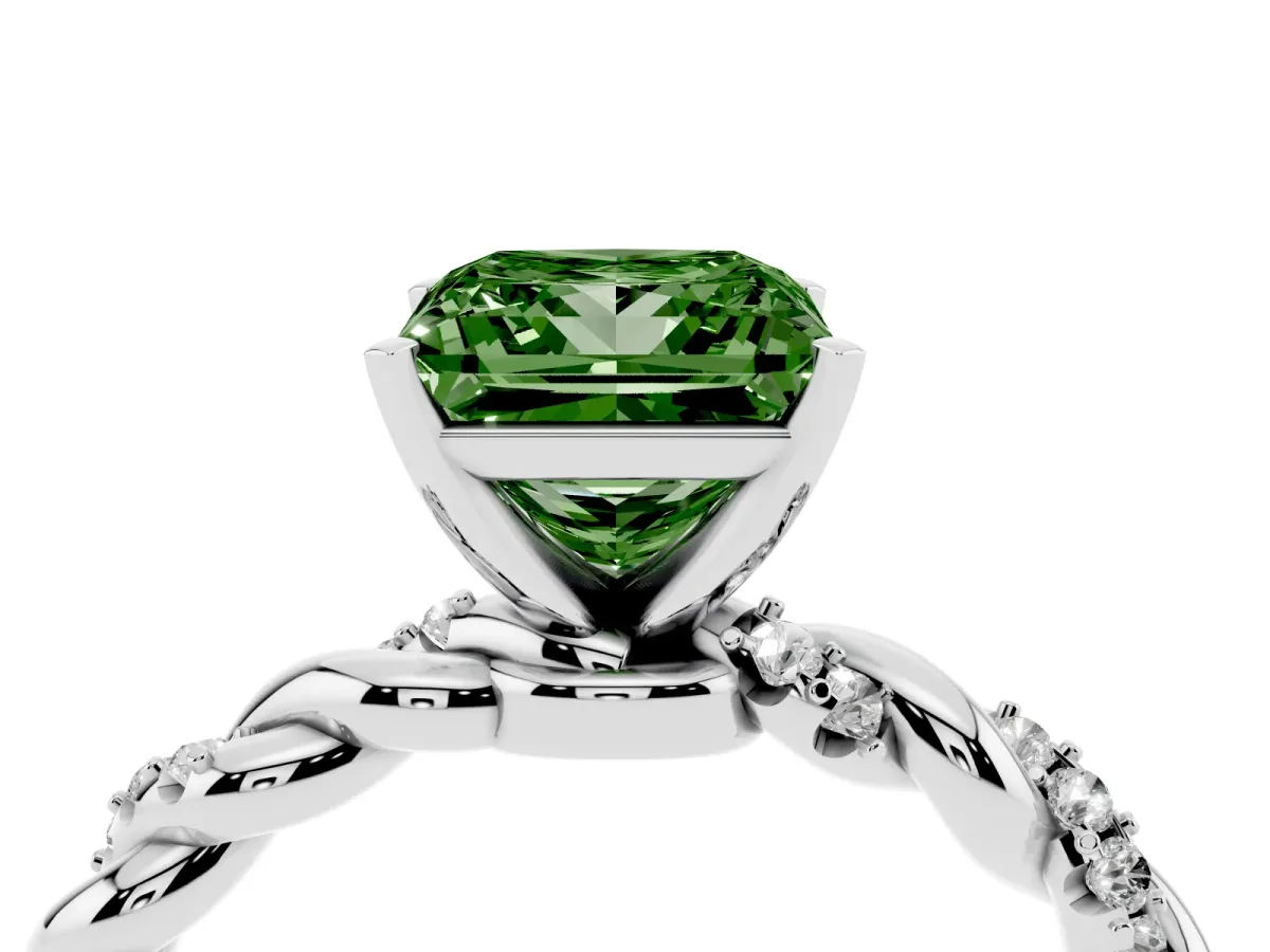 Fancy Green Princess Cut Diamond Solitaire Ring with Twisted Band and Pavé Accents Silver