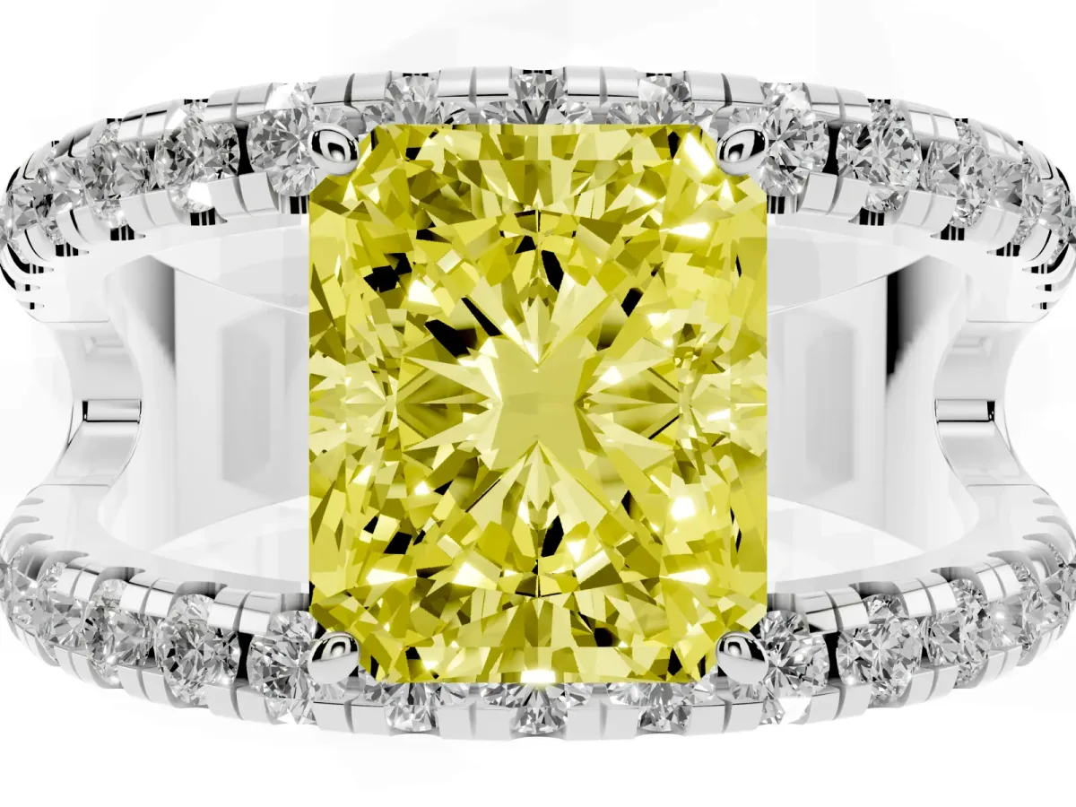 Fancy Yellow Radiant Cut Solitaire Split Shank Pave Diamond Ring Platinum