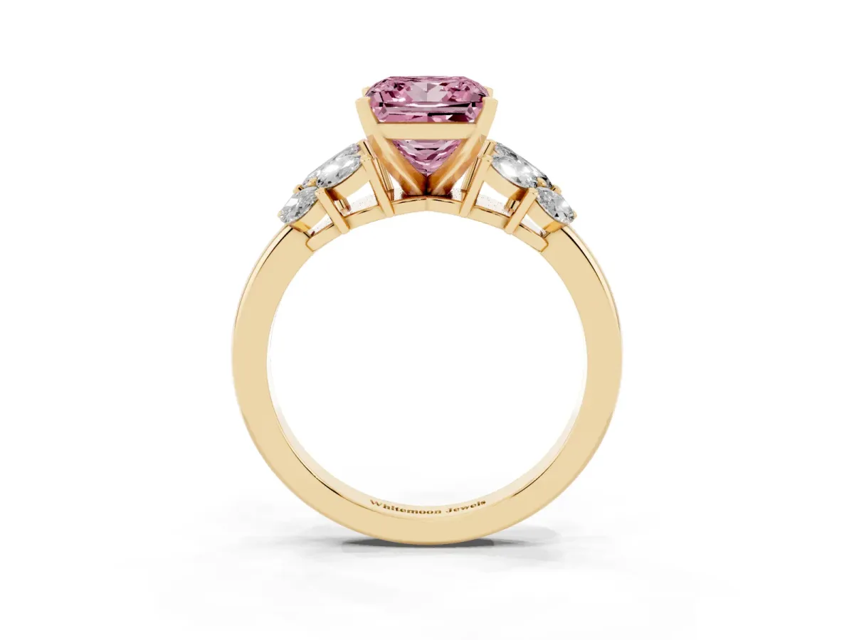 Fancy Pink Princess Cut Diamond Cluster Leaf Design Ring with Prong Setting Yellow gold