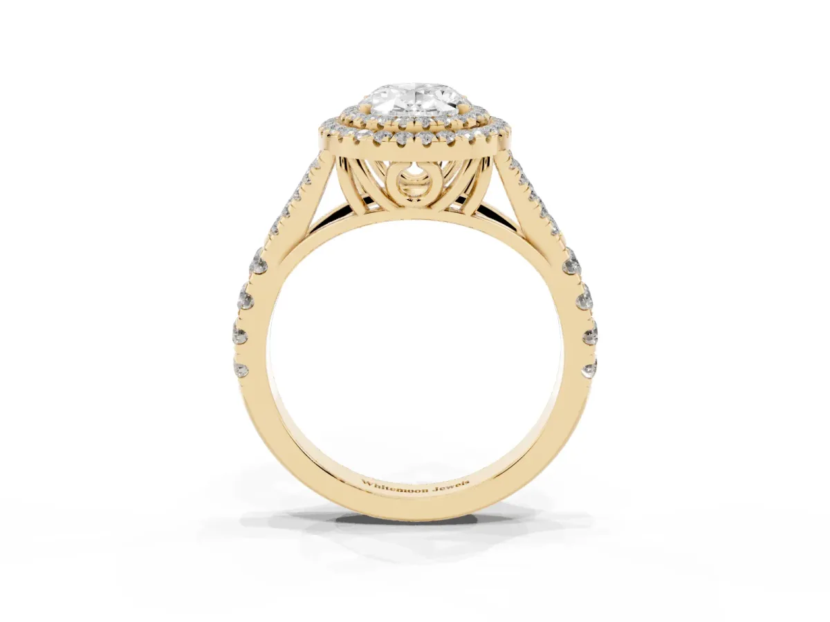 Double Halo Oval Cut Diamond Split Shank Engagement Ring with Four-Prong Setting Yellow gold