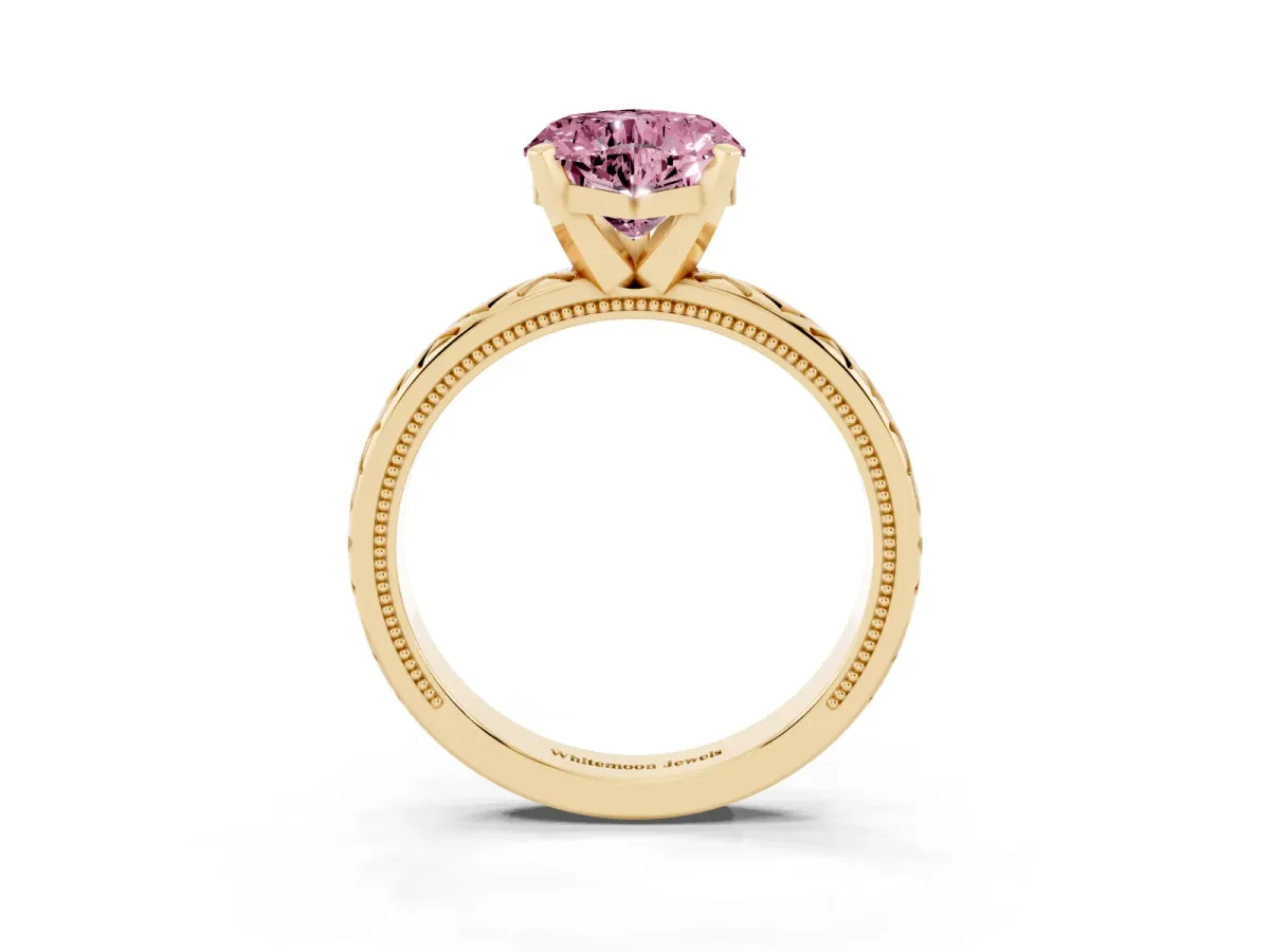 Fancy Pink Heart Cut Solitaire Diamond Ring with Milgrain and Black Enamel X Pattern Band Yellow gold