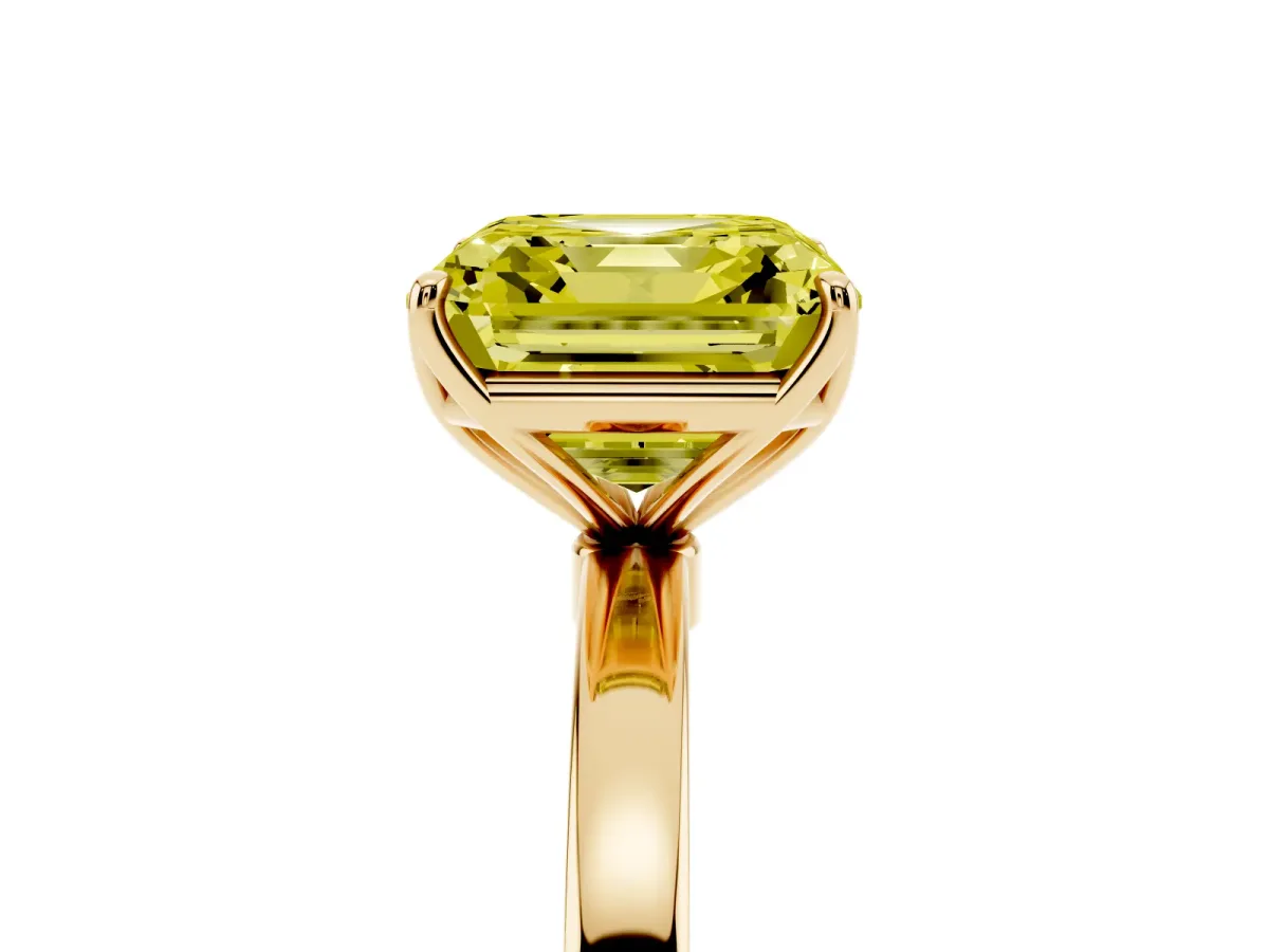 Fancy Yellow Asscher Cut Diamond Solitaire Ring with Thin Band and Prong Setting Yellow gold