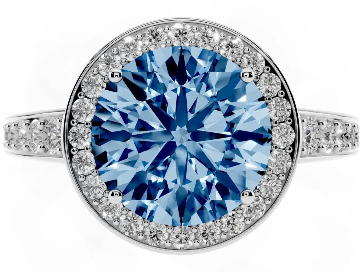 Fancy Blue Round Cut Halo Pavé Diamond Engagement Ring with Bezel Setting Silver