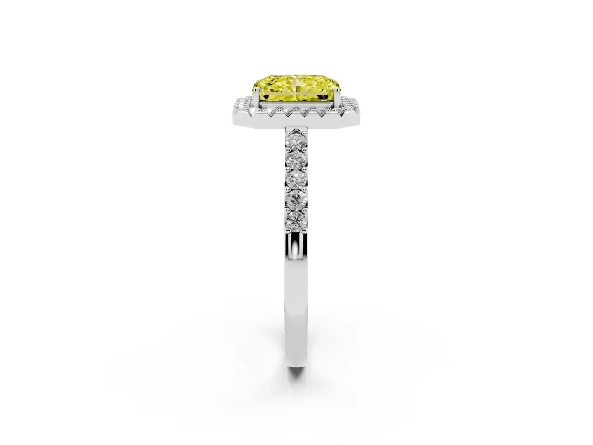 Fancy Yellow Radiant Cut Halo Diamond Pavé Solitaire Ring Platinum